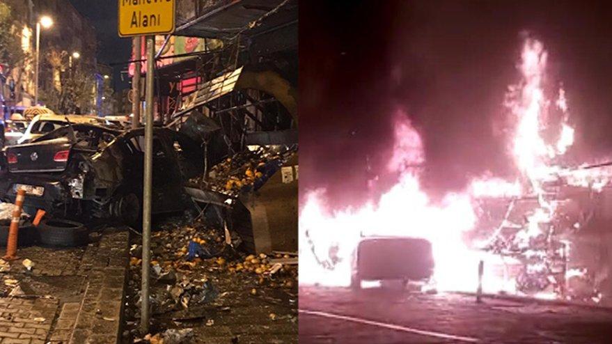 Dükkana giren otomobil alev topuna döndü