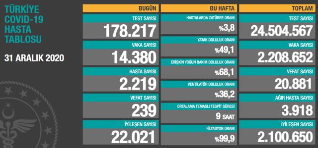 Son Dakika: Türkiye'de 31 Aralık günü koronavirüs nedeniyle 239 kişi vefat etti, 14 bin 380 yeni vaka tespit edildi Son Dakika: Türkiye'de 31 Aralık günü koronavirüs nedeniyle 239 kişi vefat etti, 14 bin 380 yeni vaka tespit edildi
