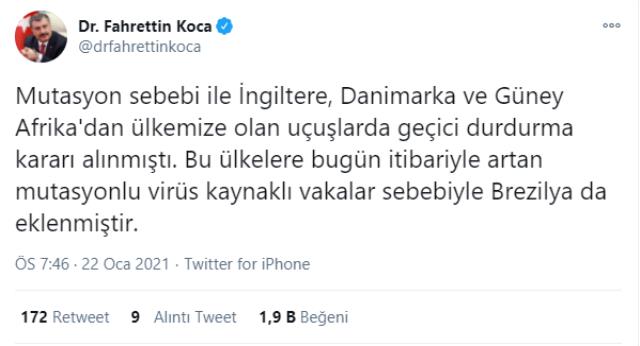 Son Dakika! Mutasyonlu koronavirüs görülen Brezilya ile uçuşlar geçici olarak durduruldu