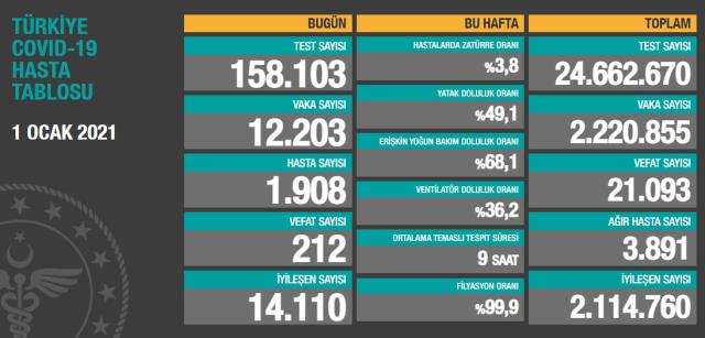 Son Dakika: Türkiye'de 1 Ocak günü koronavirüs nedeniyle 212 kişi vefat etti, 12 bin 203 yeni vaka tespit edildi