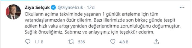 Bakan Selçuk'tan 'özür' paylaşımı: Vaka artışı yeniden değerlendirme zorunluluğunu doğurmuştur