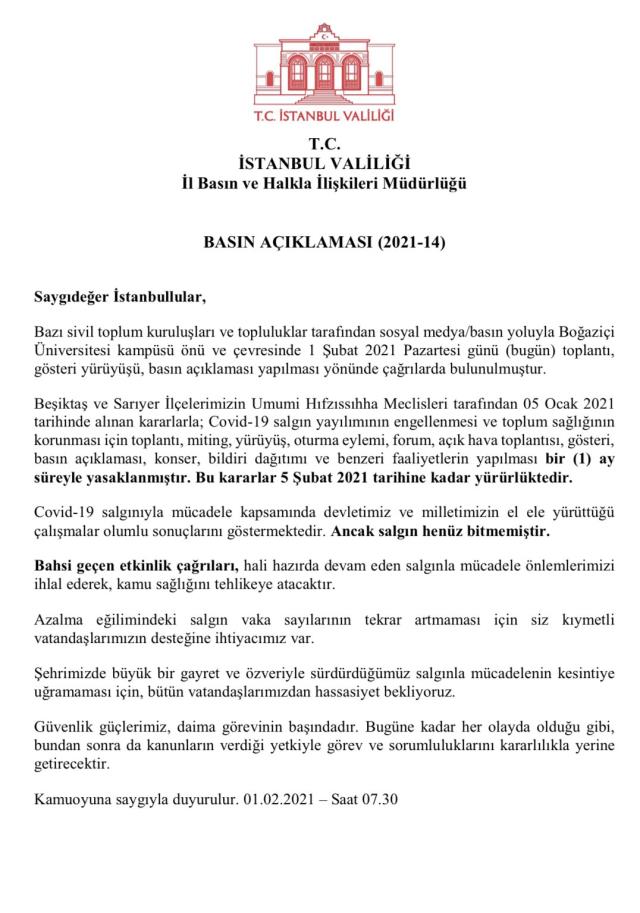 Boğaziçi Üniversitesi'nde toplanma çağrılarına karşı harekete geçen Valilik, gösteri ve yürüyüş yasağını hatırlattı