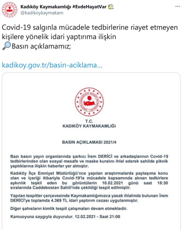 Caddebostan Sahili'nde piknik yapan İrem Derici'ye salgın cezası