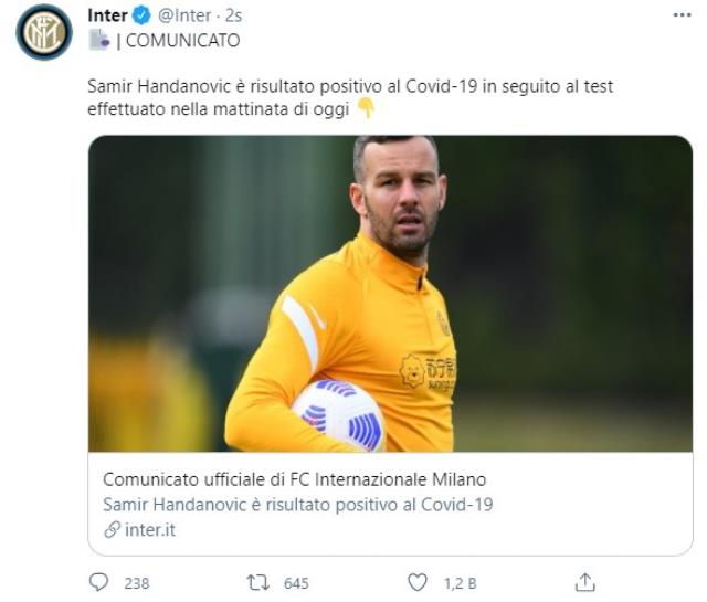 İtalya Serie A ekiplerinden Inter'in kalecisi Samir Handanovic, koronavirüse yakalandı