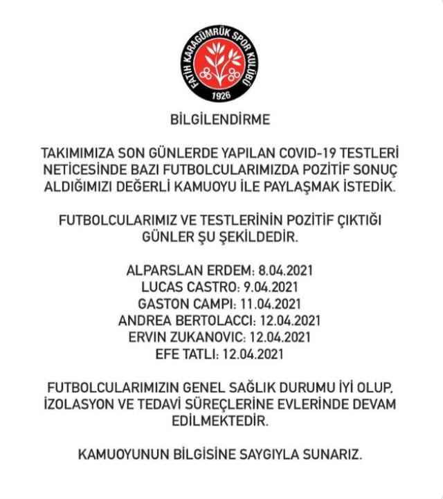 Cumartesi günü Galatasaray'la karşılaşan Karagümrük'te 6 futbolcunun testi pozitif çıktı