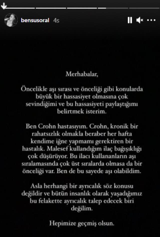 Koronavirüs aşısı yaptıran Bensu Soral, öncelikli oluşunu hastalığıyla açıkladı