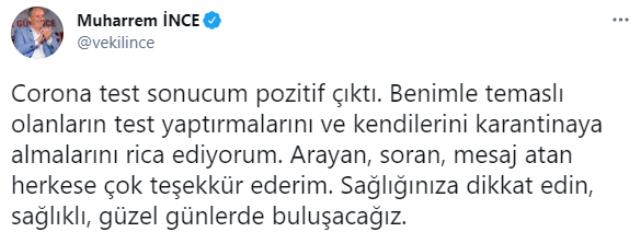 Muharrem İnce, koronavirüse yakalandı