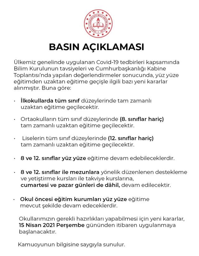 Son Dakika: 15 Nisan'dan itibaren üç sınıf dışındaki tüm kademelerde uzaktan eğitime geçiliyor