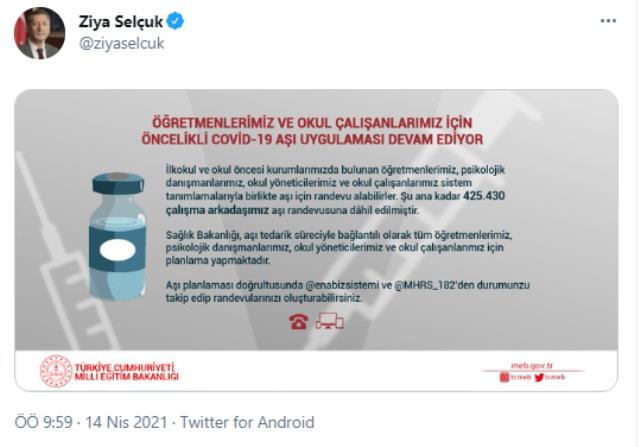 Son dakika haberleri: Bakan Selçuk: 425 bin 430 öğretmen ve okul çalışanı, aşı randevusuna dahil edildi