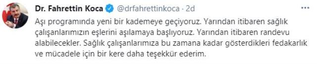 Son Dakika: Yarından itibaren sağlık çalışanlarının eşleri aşılanmaya başlanacak