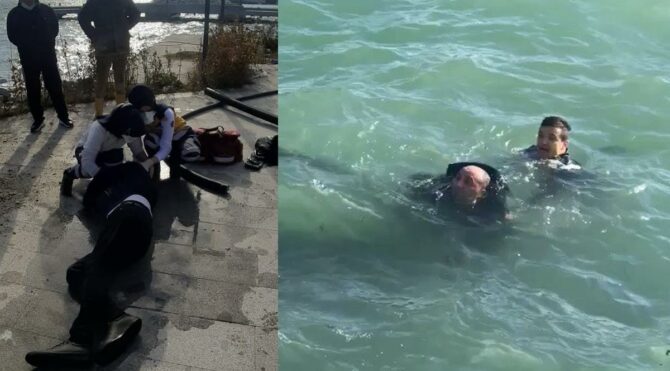 Zabıta memuru üniformasıyla denize atlayıp kurtardı
