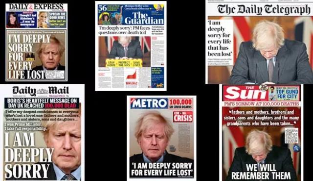 Başbakan Johnson bugün İngiltere'de tüm gazetelerin manşetinde: Kaybedilen her hayat için çok ama çok üzgünüm