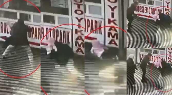 Buzlu yolda düşen babanın, kucağındaki kızını koruma çabası kamerada