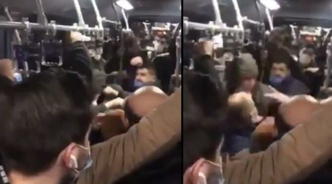 Metrobüste tekmeli yumruklu kavga kamerada