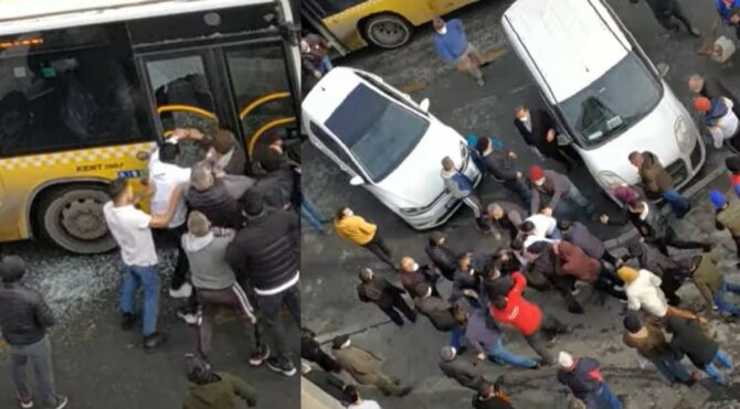 Otobüsün camını kırıp şoförü ve oğlunu darp ettiler