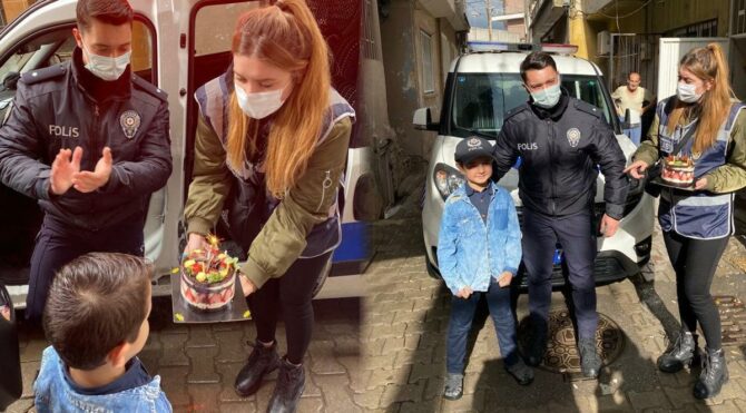 Polislerden korkan 6 yaşındaki çocuğa pastalı sürpriz