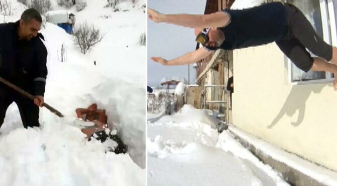 Bir kişi kardan mezara kendisini gömdürdü, diğeri pencereden atlayıp kulaç attı