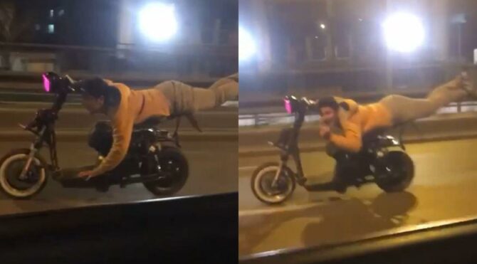 Elektrikli bisiklet üzerinde yatarak tek elle ölümüne yolculuk