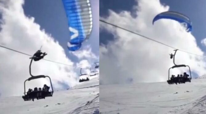 Paraşütçünün telesiyeje takıldığı anlar kamerada