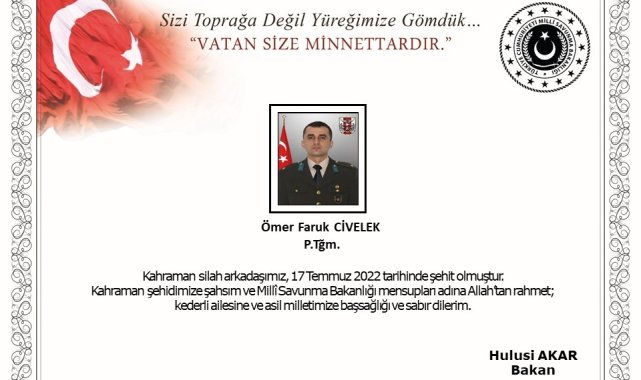 MSB: "Pençe-Kilit Harekâtı bölgesinde 1 asker şehit oldu"