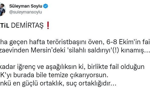 Bakan Soylu'dan Demirtaş'a sert tepki: "O kadar iğrenç ve aşağılıksın ki, birlikte fail olduğun PKK'yı burada bile temize çıkarıyorsun"