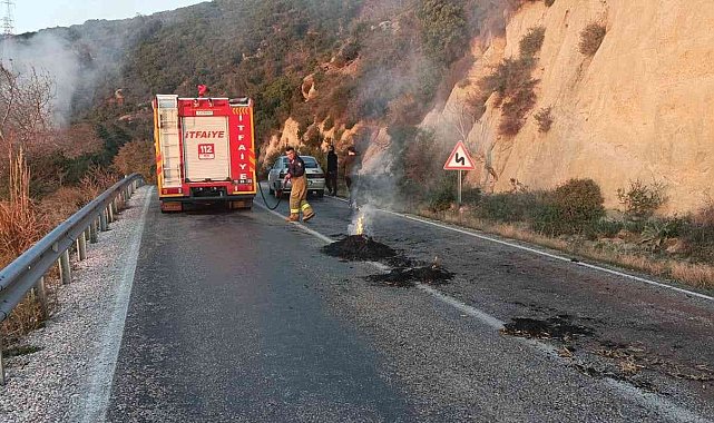 Erdek'te saman yüklü kamyon alev aldı