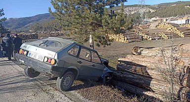 Otomobil, yol kenarında istiflenen ağaçlara çarptı: 1 yaralı