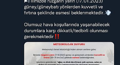 Valilik kuvvetli fırtına için uyardı