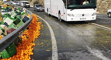 Viraja hızlı giren tırın dorsesinde yüklü bulunan portakallar yola savruldu