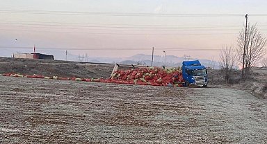 Yoldan çıkan tırın dorsesindeki soğan çuvalları tarlaya saçıldı: 1 yaralı