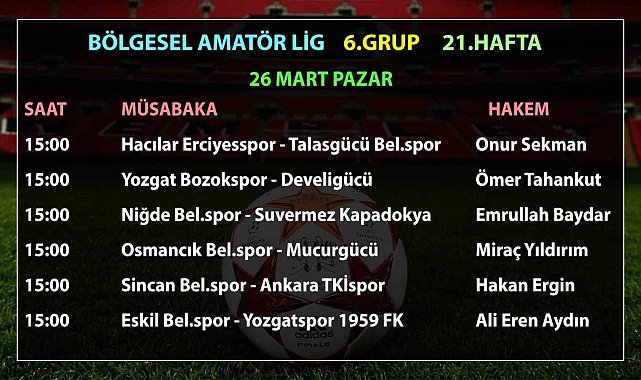 Bölgesel Amatör Lig'de 21.hafta maçlarının hakemleri açıklandı