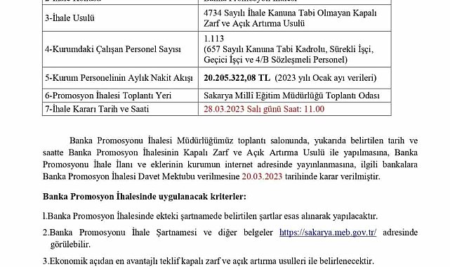 Sakarya İl Milli Eğitim, bin 113 personeli için banka promosyonu ihalesine çıkıyor